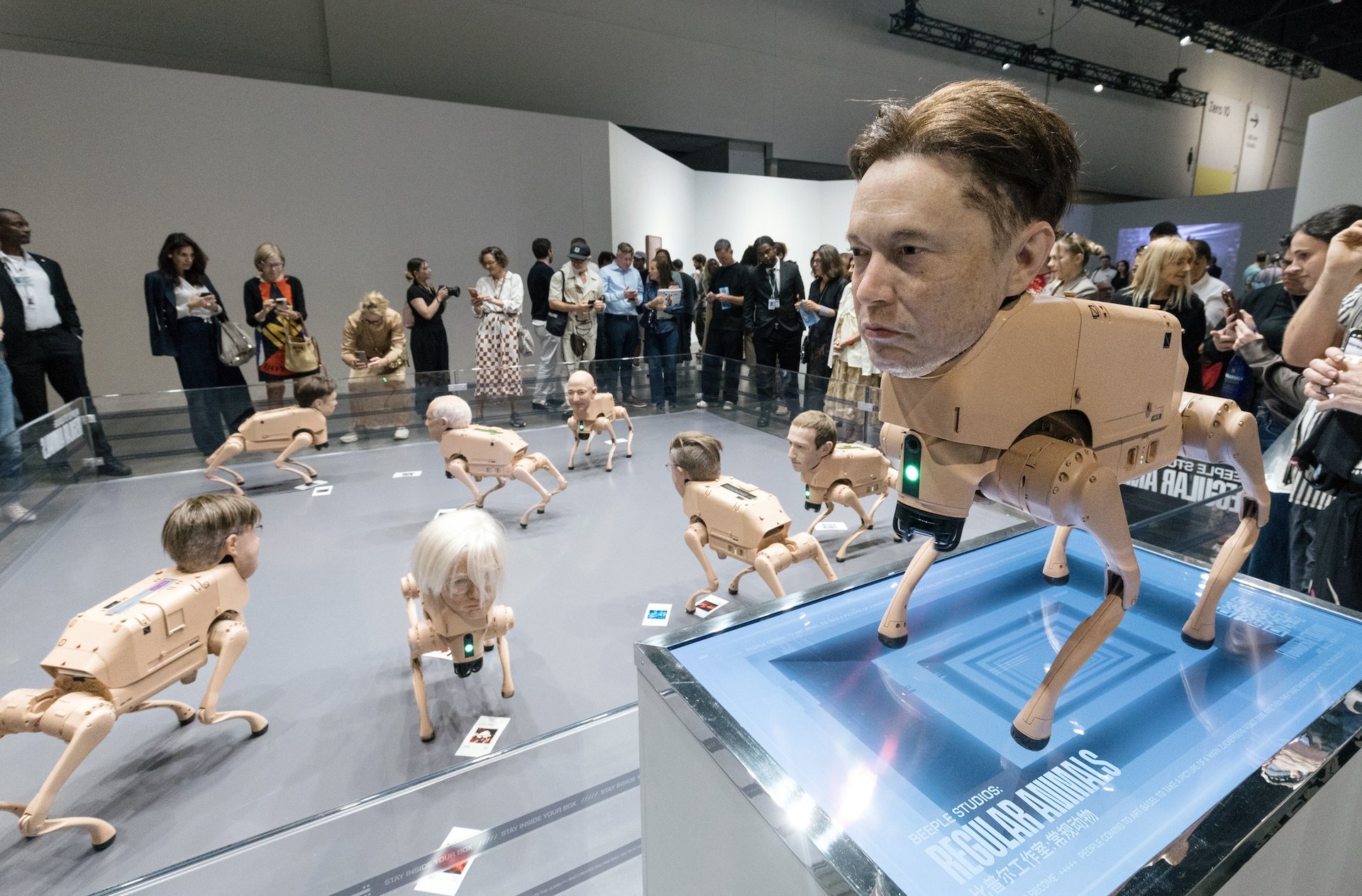 Beeple Regular Animals robot dogs in the pen at Art Basel Miami Beach